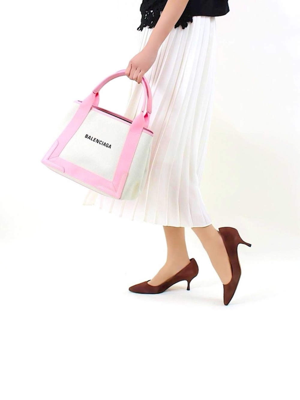Balenciaga Women's Small Navy Cabas Tote Bag in Pink/ Off White NWT - Picture 5 of 14